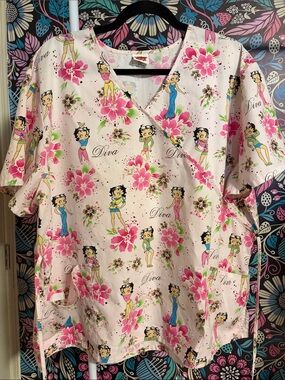 Betty Boop Pink Floral V-Neck Scrub Top